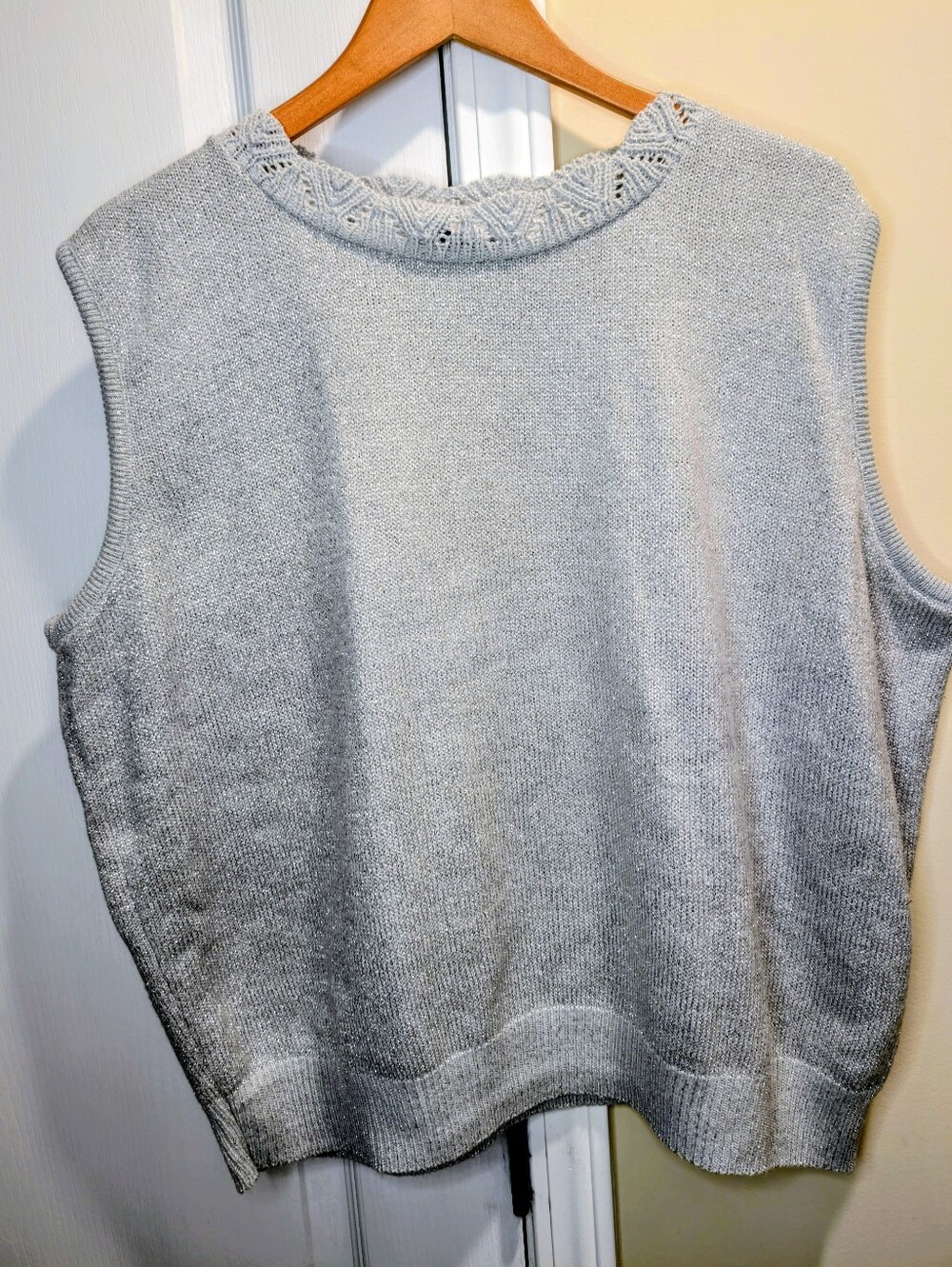 BFA Classics Metallic Silver Sleeveless Knit Sweater Vest with Crochet Neckline